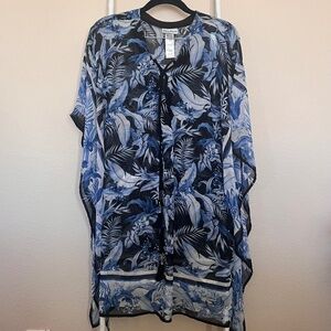 Tommy Bahama Blue Tropical Floral Sheer Cover Up Kaftan S/M Tassel Tie
